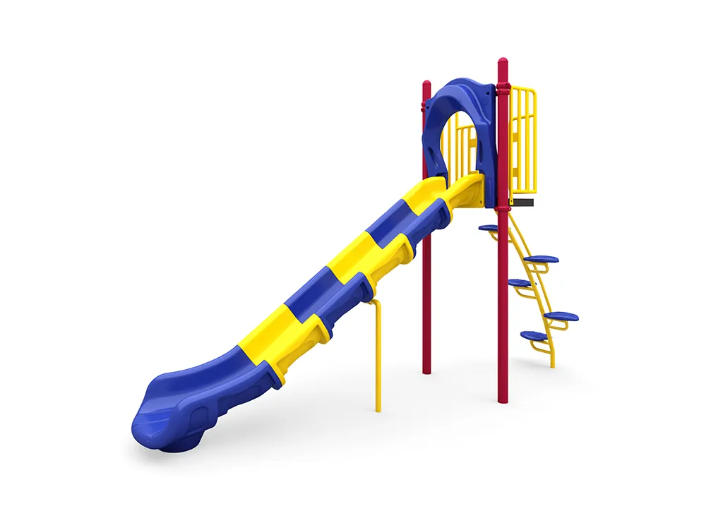A vibrant 6 foot freestanding single commercial playground slide in a park setting with children playing.