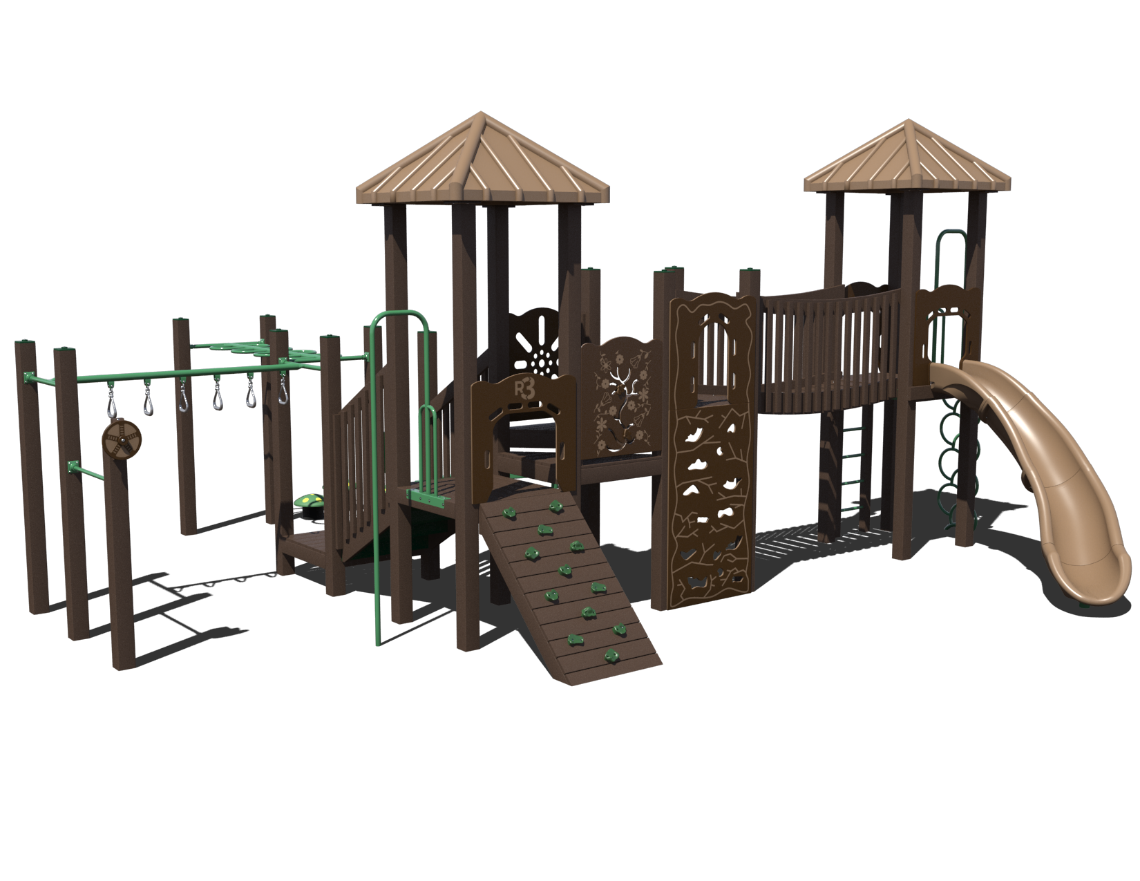 Children playing on the Adventure Peak Playground System, a large commercial outdoor play structure with slides and climbing features.