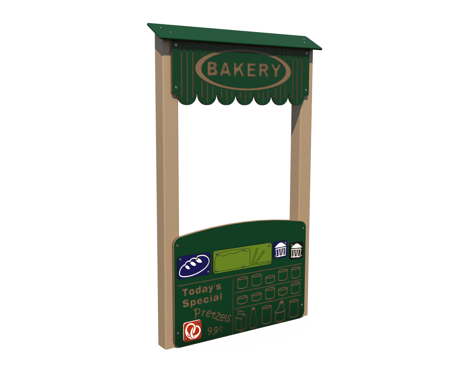 A colorful bakery stand playground activity freestanding panel with food illustrations for kids.