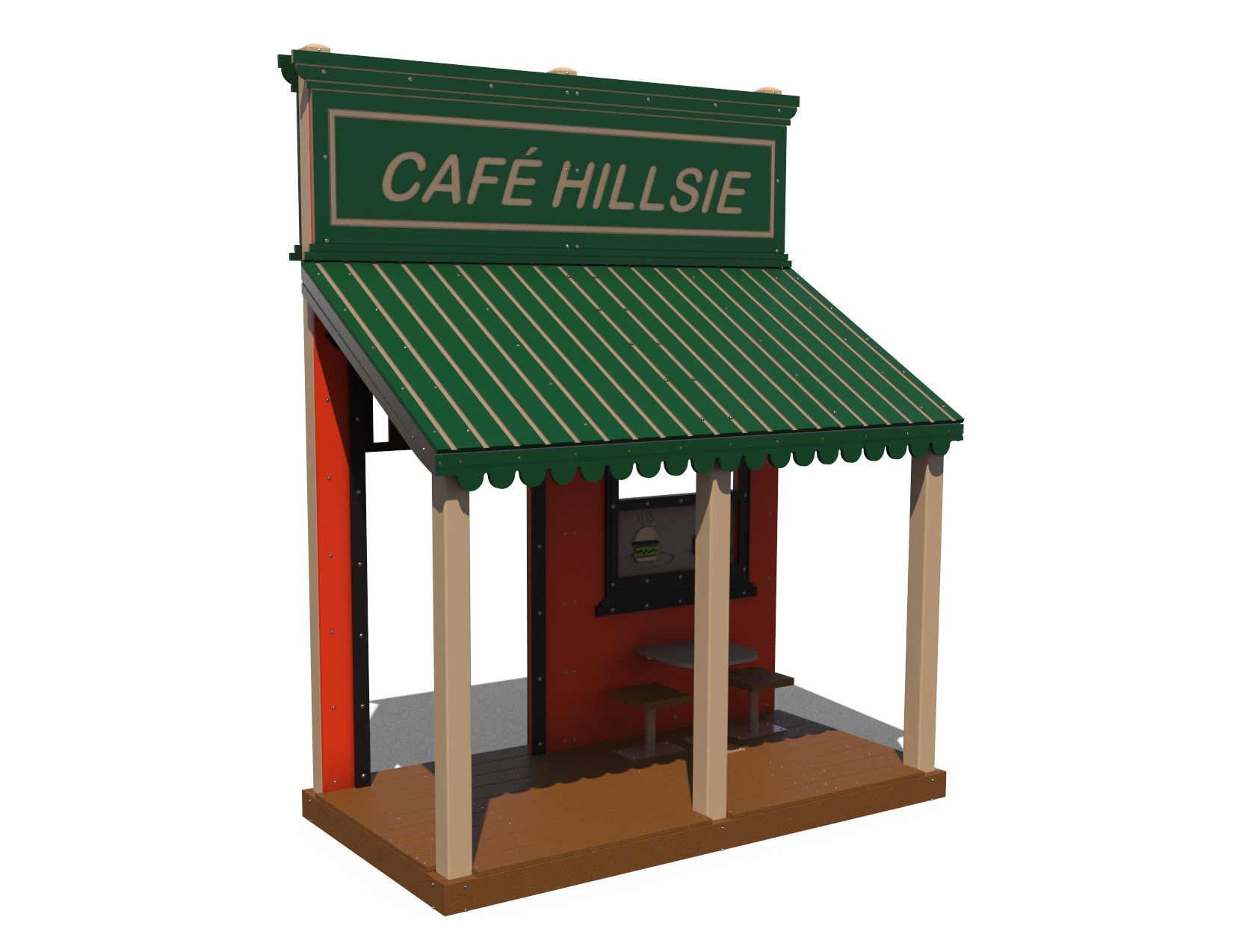A colorful Cafe Facade commercial kids playhouse with a detailed sign and porch, ready for imaginative play.