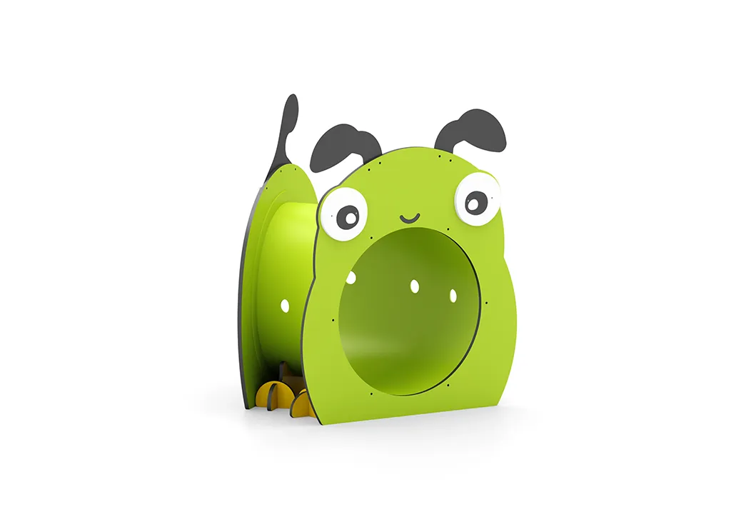 Bright yellow and green caterpillar crawl tunnel unit freestanding on a playground, designed for toddlers.
