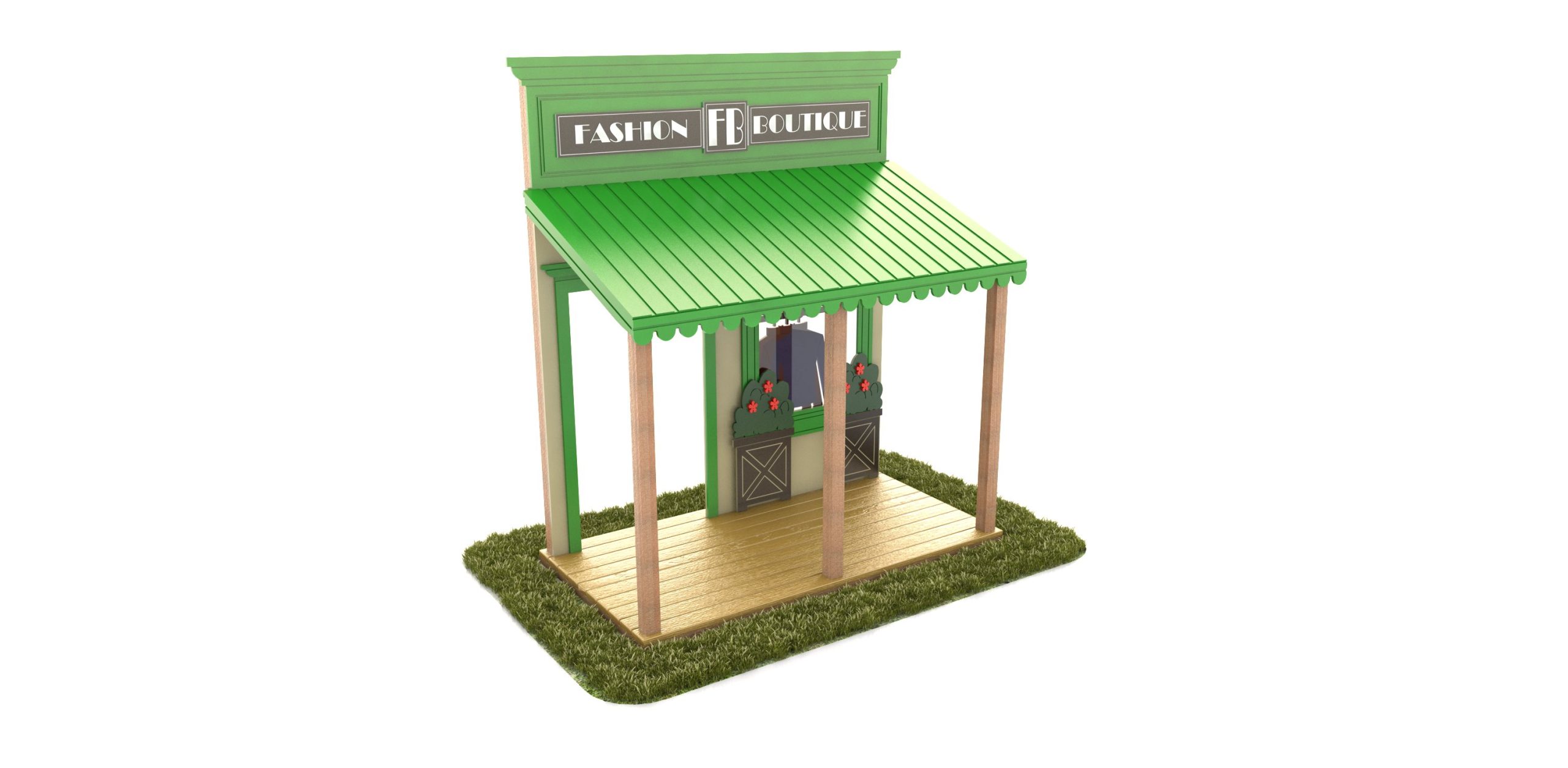 boutique faade commercial playhouse - A vibrant Boutique Façade commercial kids playhouse with a charming storefront, inviting children to play.