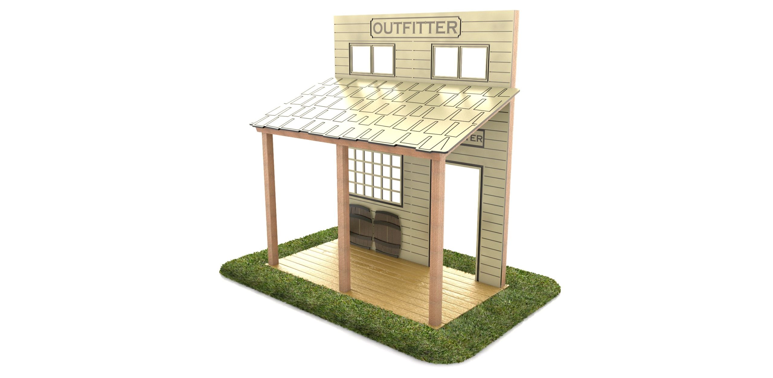 A vibrant Outfitter Facade commercial playhouse with a charming cabin design, set in a playground.