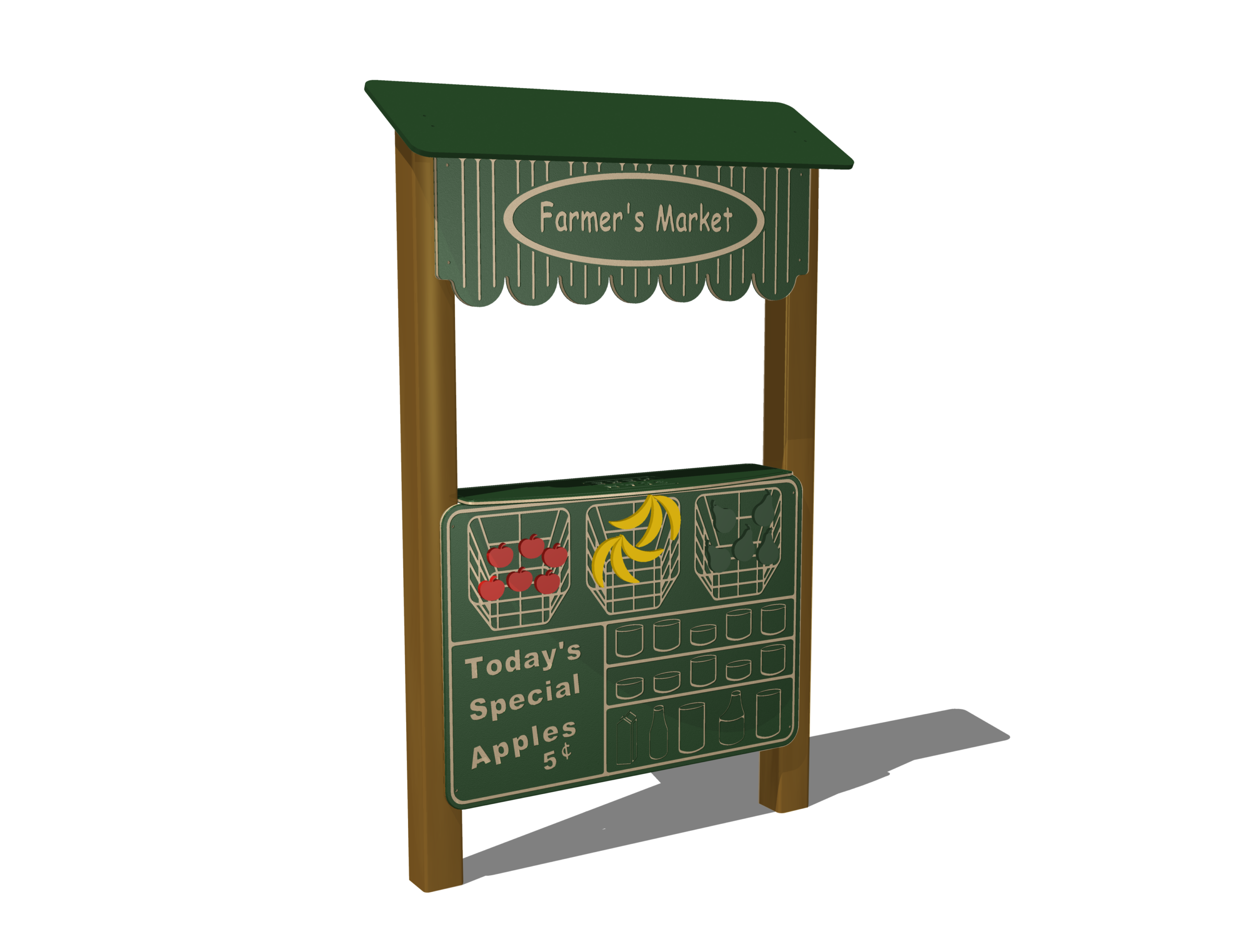 farmers market stand playground freestanding – A colorful farmers market stand playground activity panel, a freestanding unit showing fruits, vegetables, and prices for children to play with.
