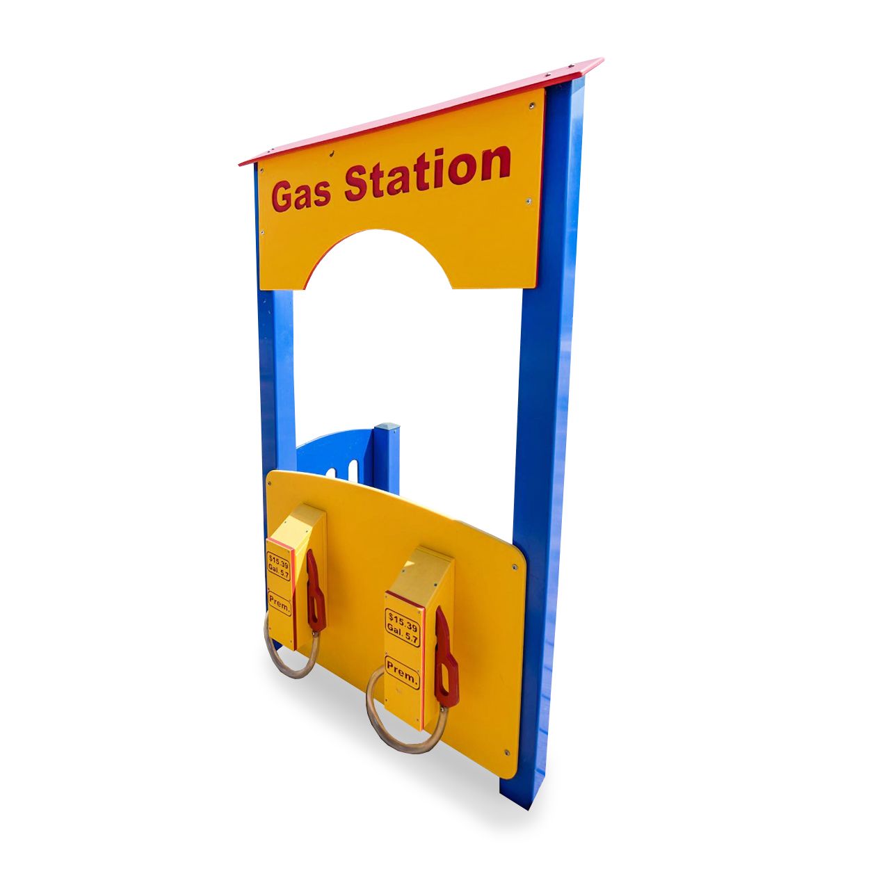 Vibrant yellow, blue, and red commercial gas station stand playhouse with two fuel pumps for imaginative kids' play.