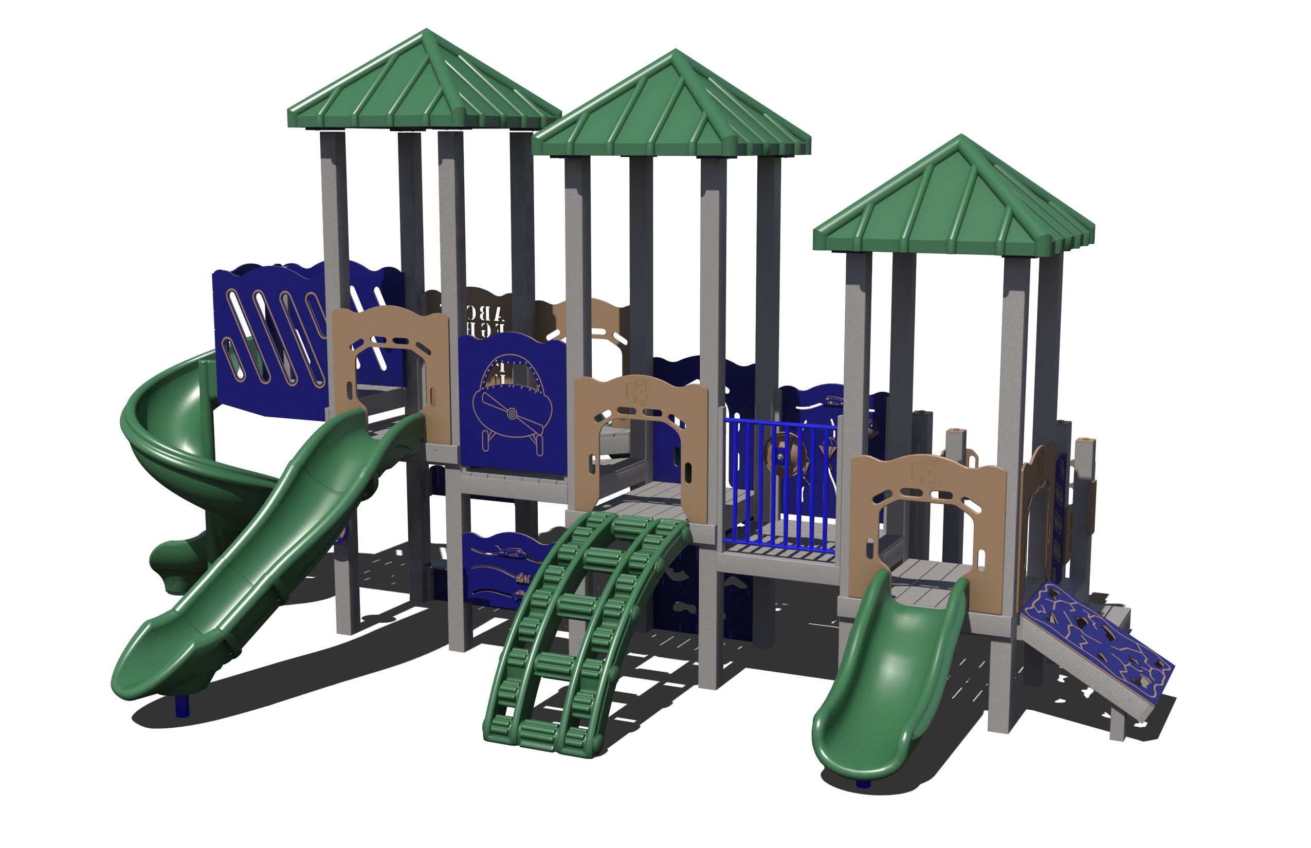 Children playing happily on the colorful Giggle Grove Playground System with slides and climbing structures.