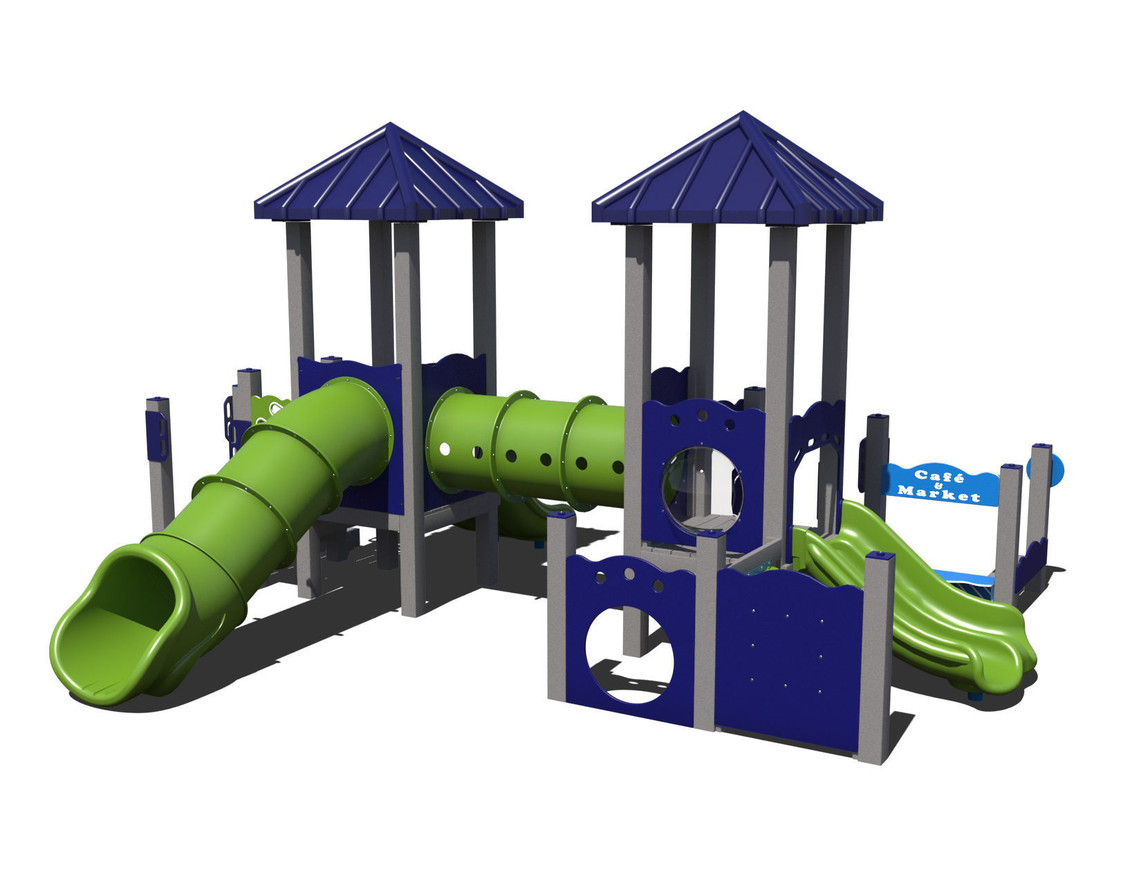 A colorful Giggly Gardens Playground System with slides and climbing structures for young children.