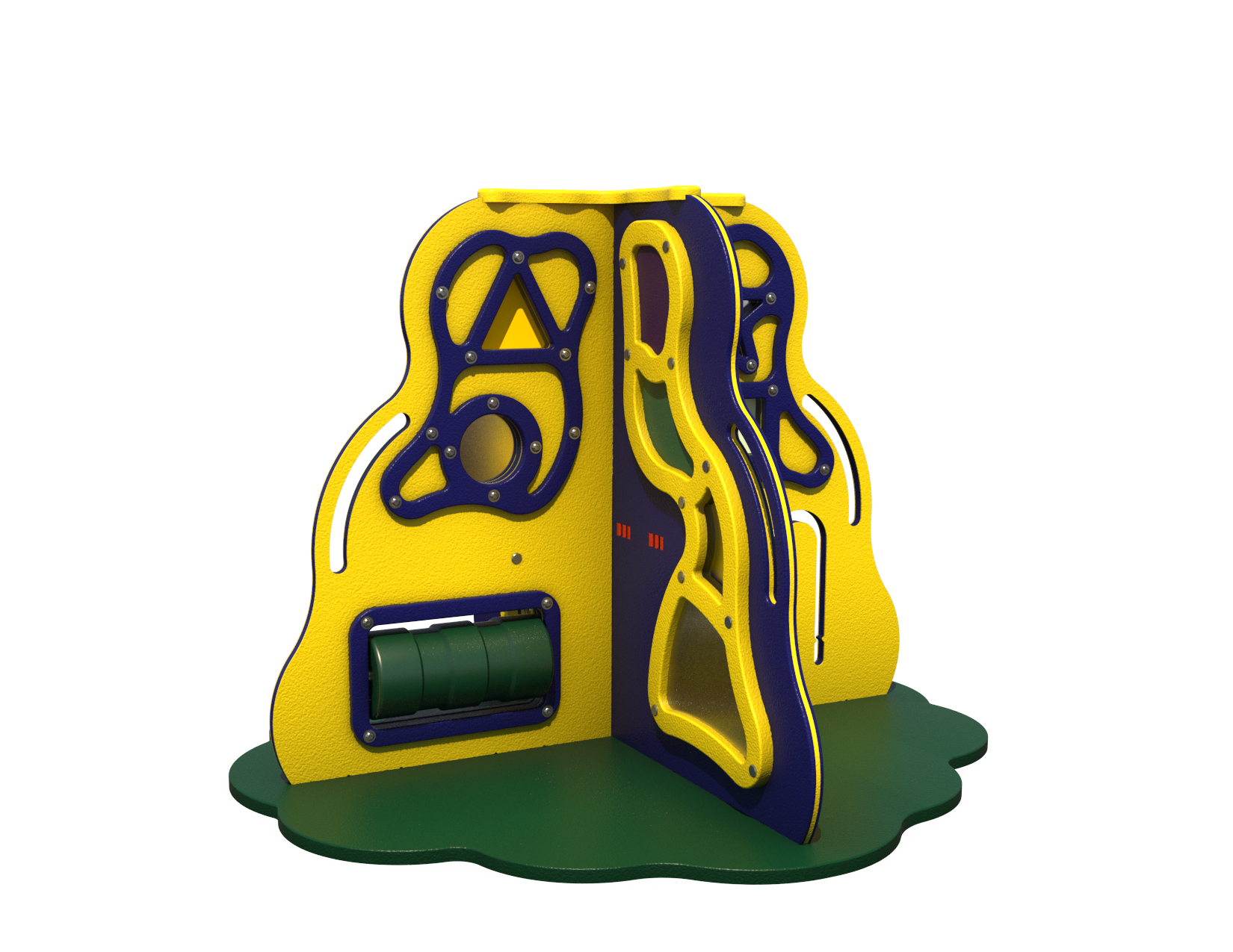 Bright yellow and green toddler sensory tower childcare playground with interactive panels for young children.