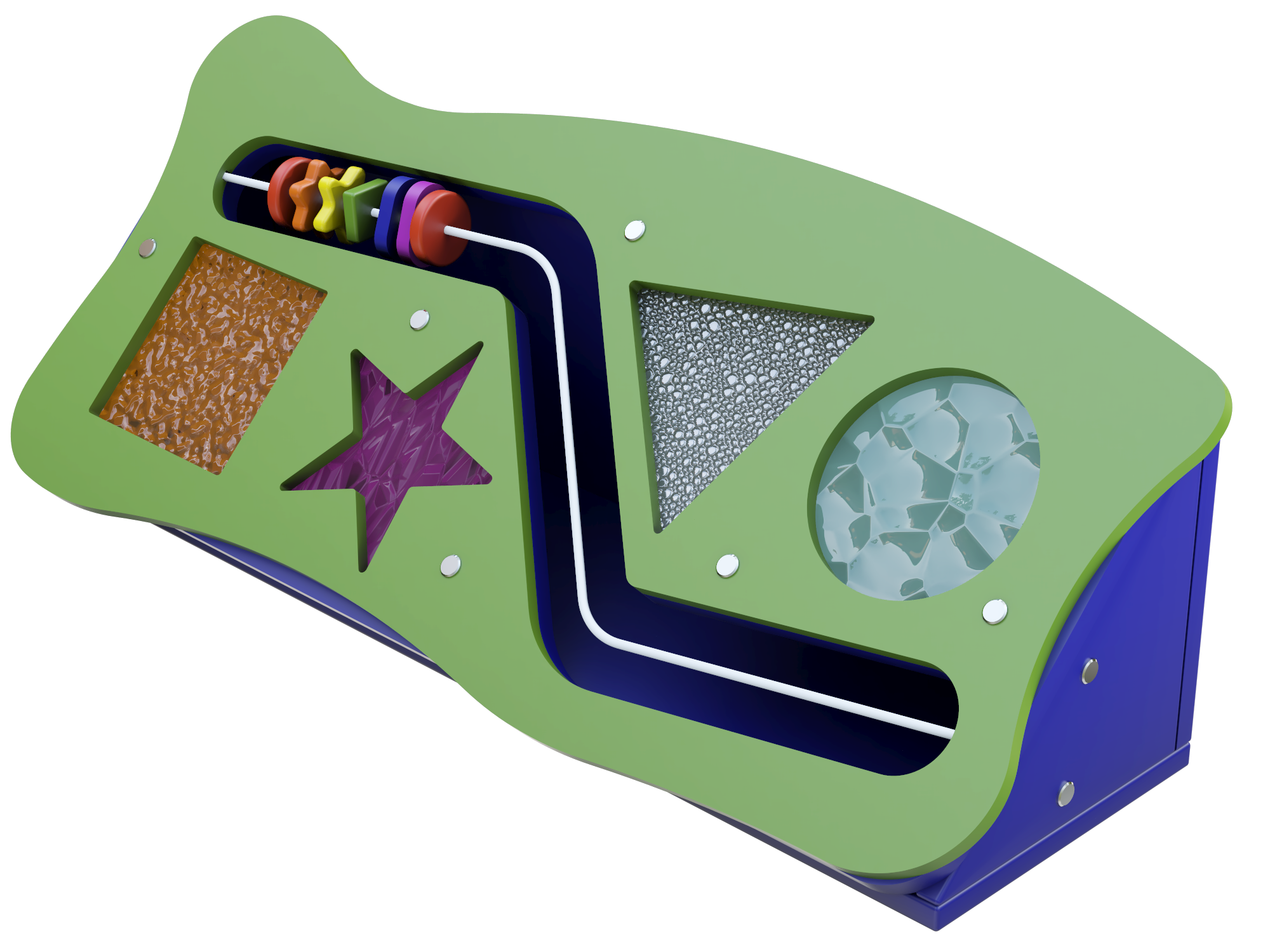 A colorful Movement and Texture Corner Freestanding for toddlers, showing various textures and a bead movement panel.