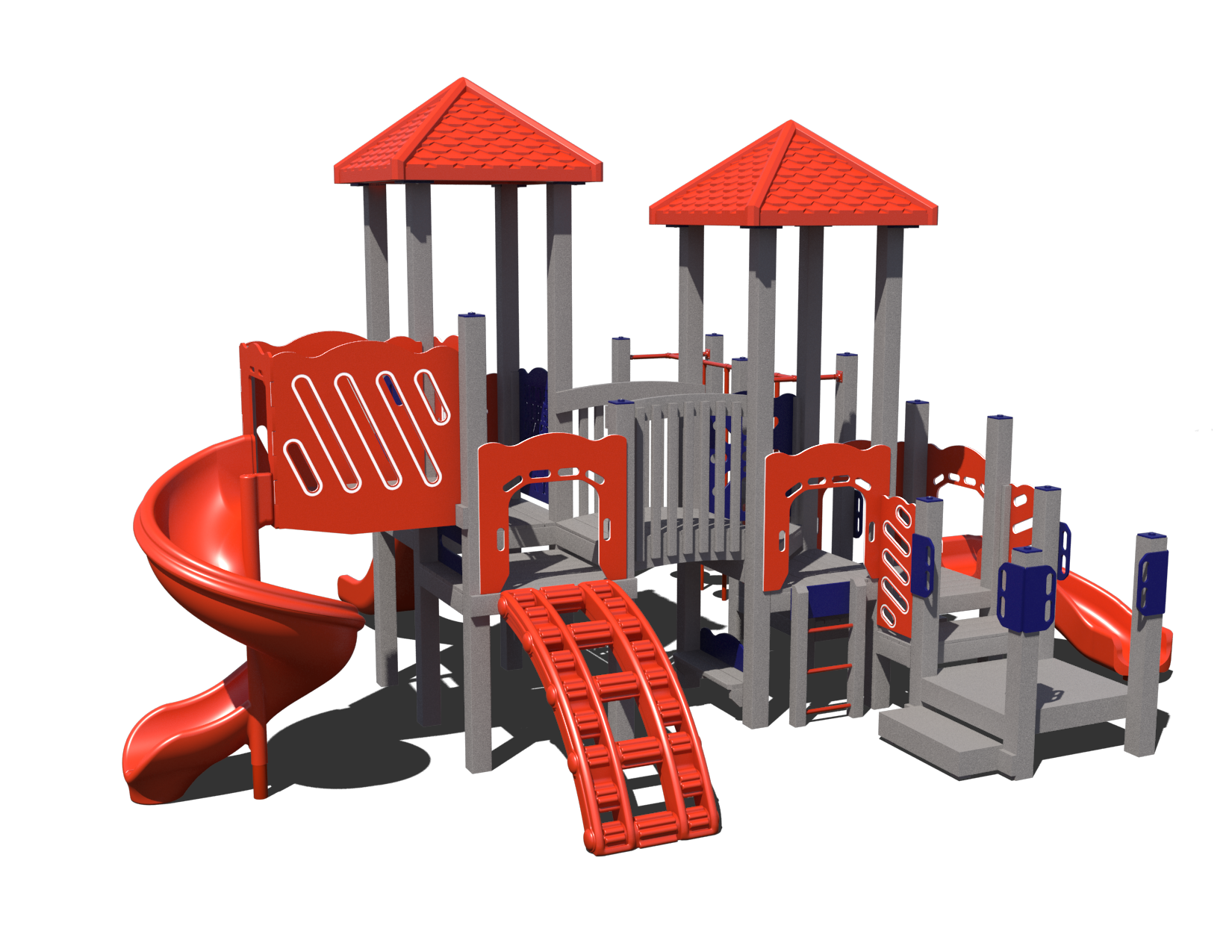 Children playing happily on the colorful joyful junction playground system with slides and climbing features.