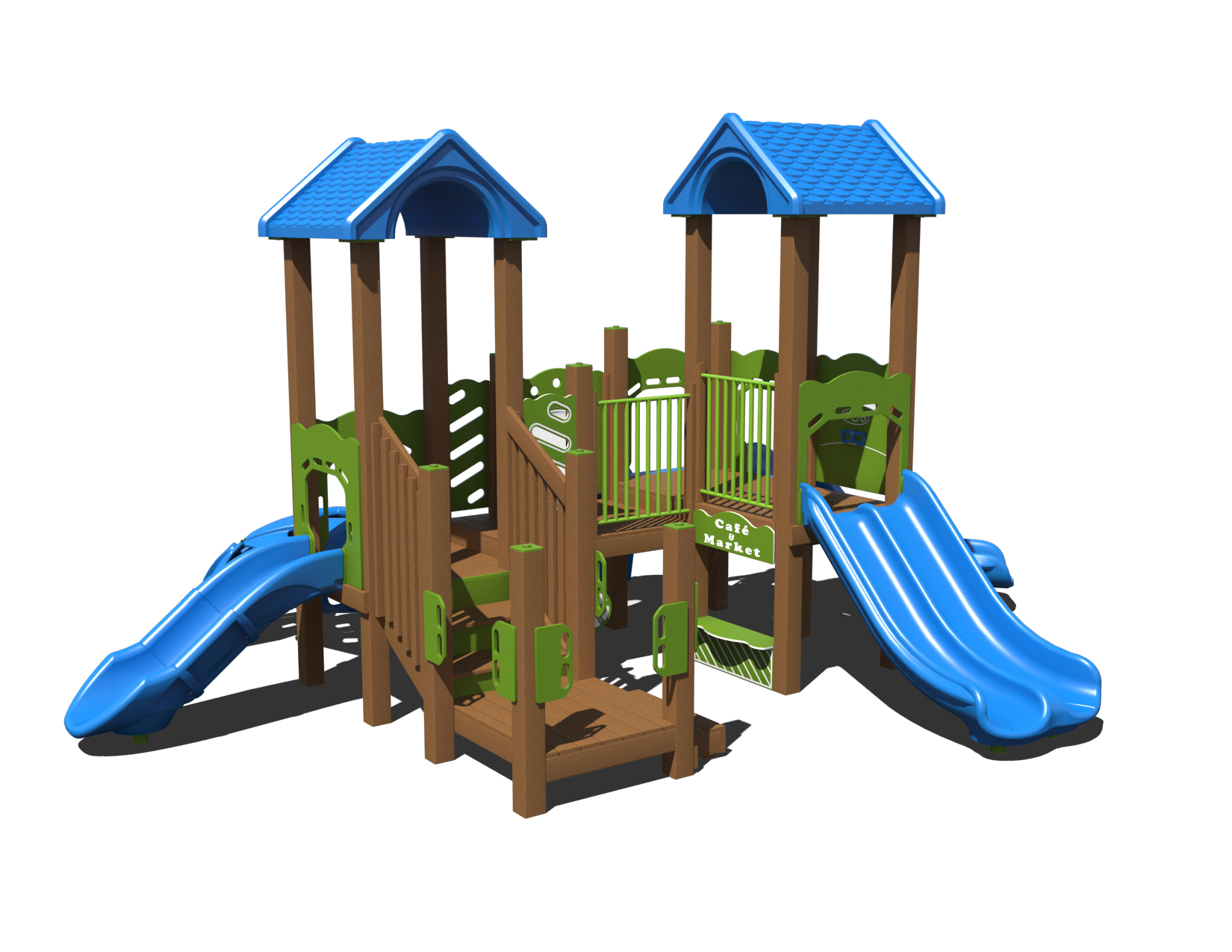A vibrant Joyland Junction Playground System with blue and green slides, climbing wall, and interactive panels for young children.