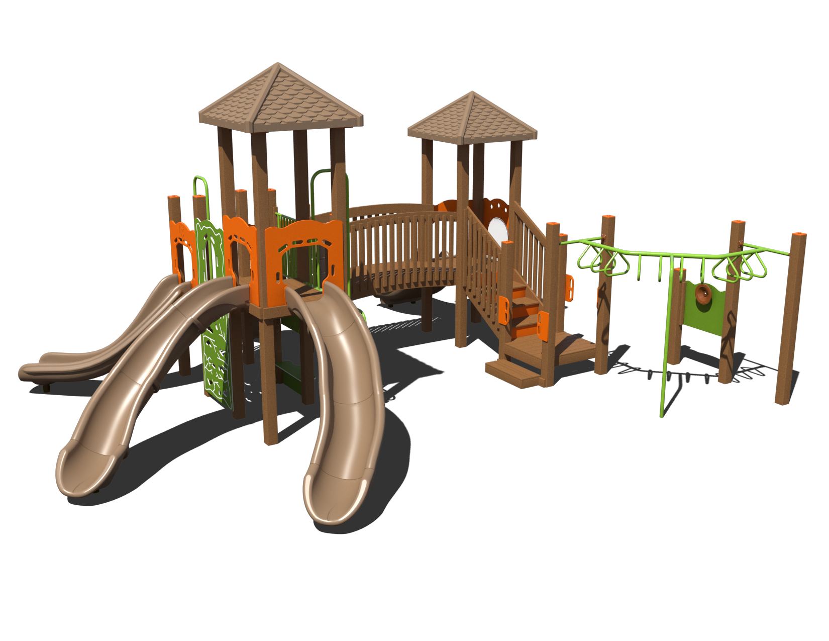 Jungle Gym Jungle Playground commercial system with slides, monkey bars, and interactive panels in vibrant orange and green.