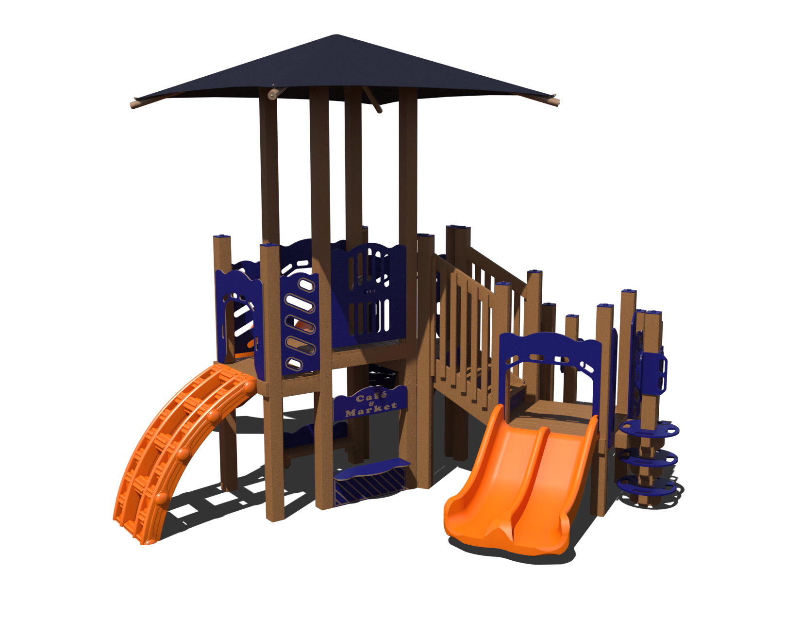 Children playing happily on the colorful Laughing Labyrinth Playground System with multiple slides and climbing features.