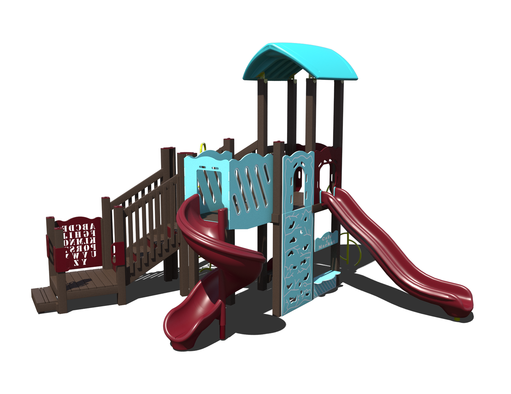A colorful Rainbow Run Playground System with multiple slides and climbing features, set in a park.