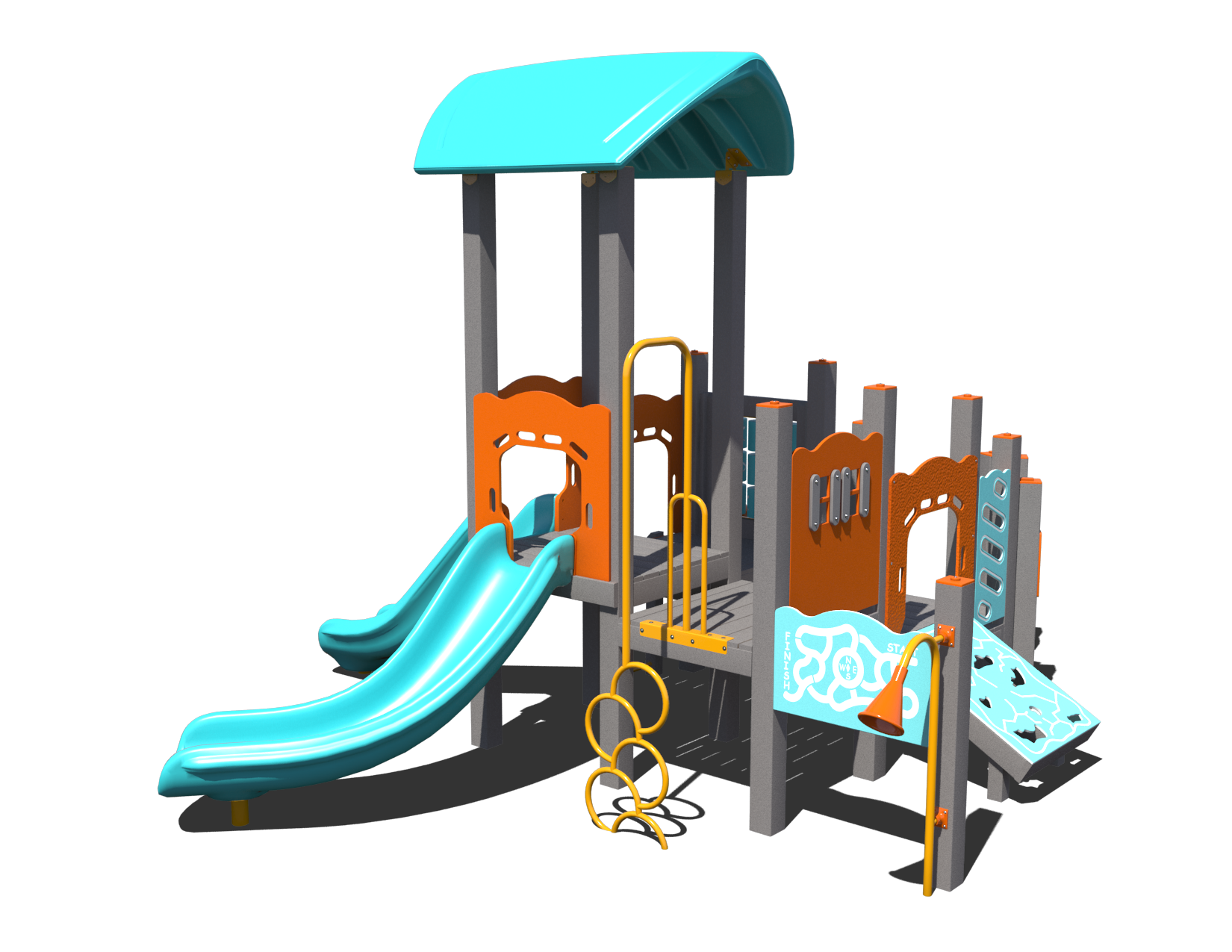 A colorful Sunny Slide Summit Playground System with multiple slides and climbing features for young children.
