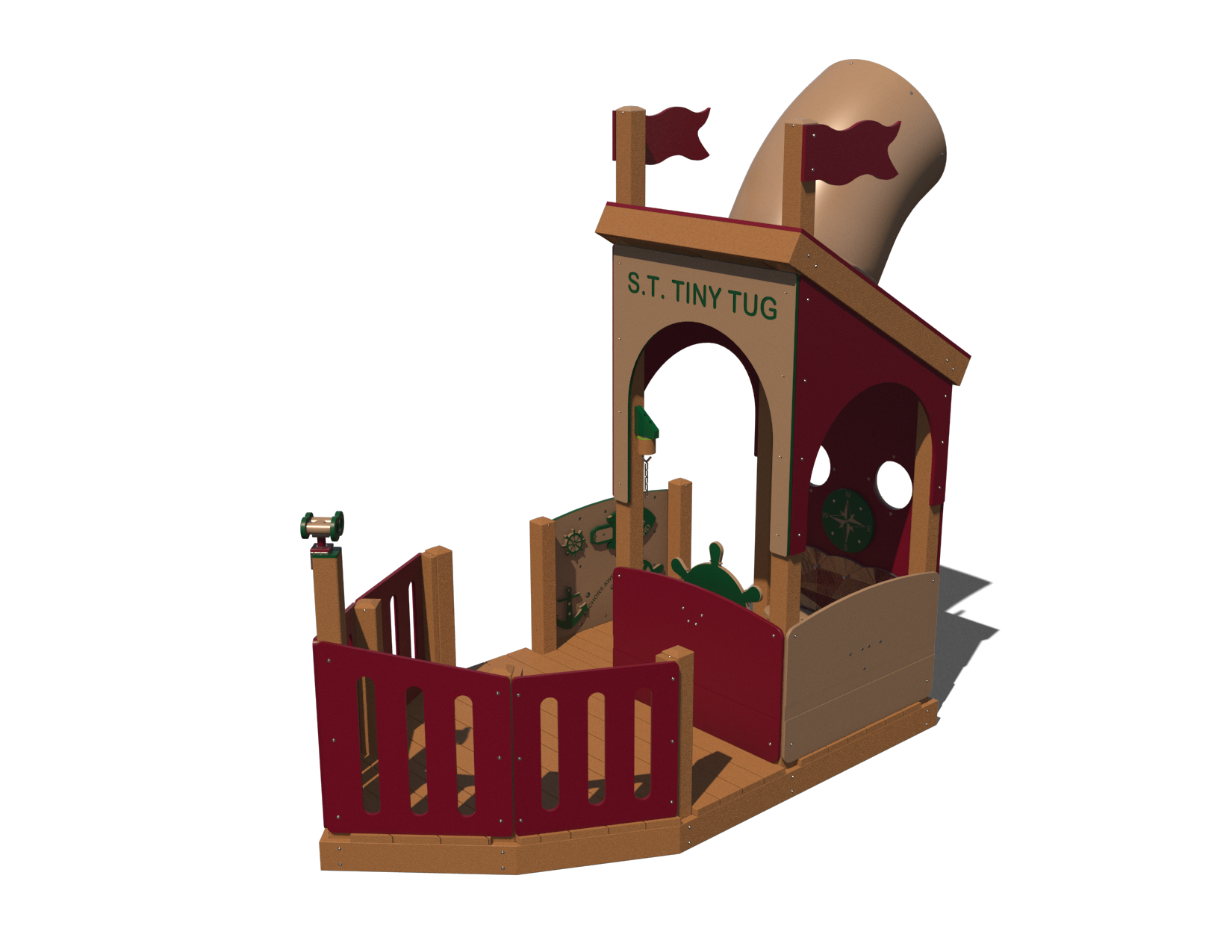 A vibrant commercial Tiny Tug playhouse for kids with a steering wheel and portholes, set in a playground.