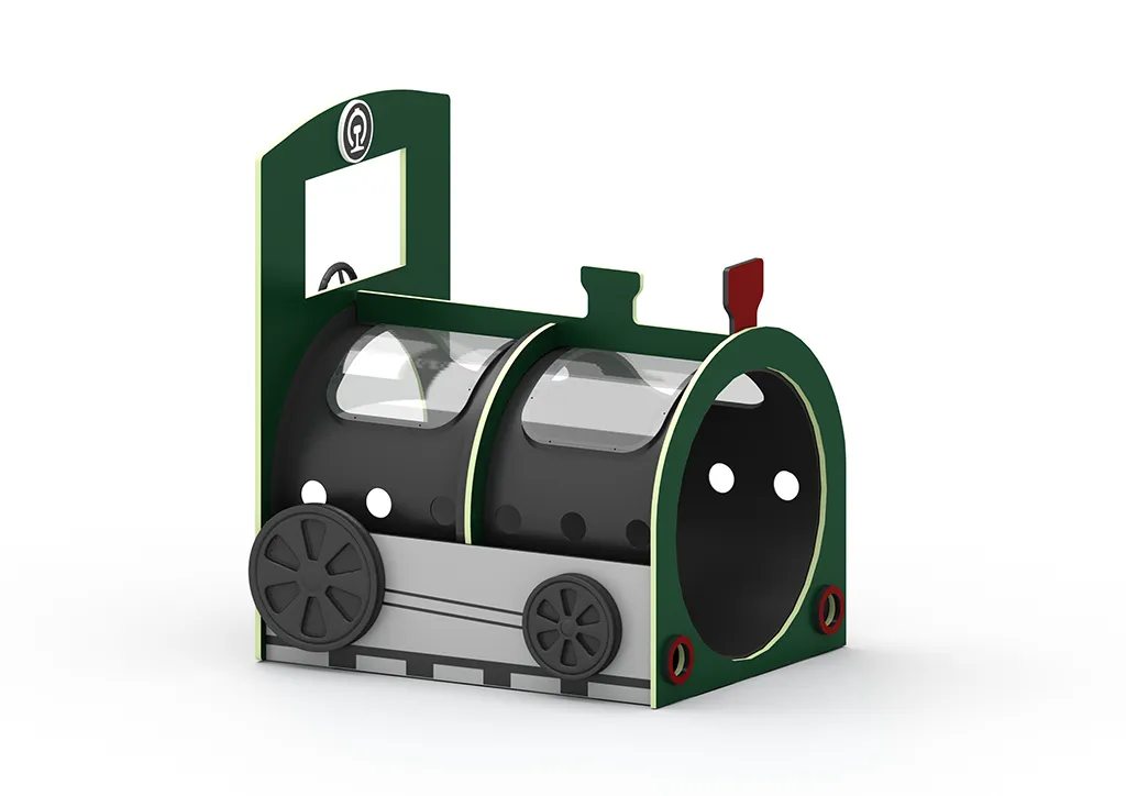 A vibrant red and blue train crawl tunnel engine freestanding on a playground, designed for children aged 2-5.