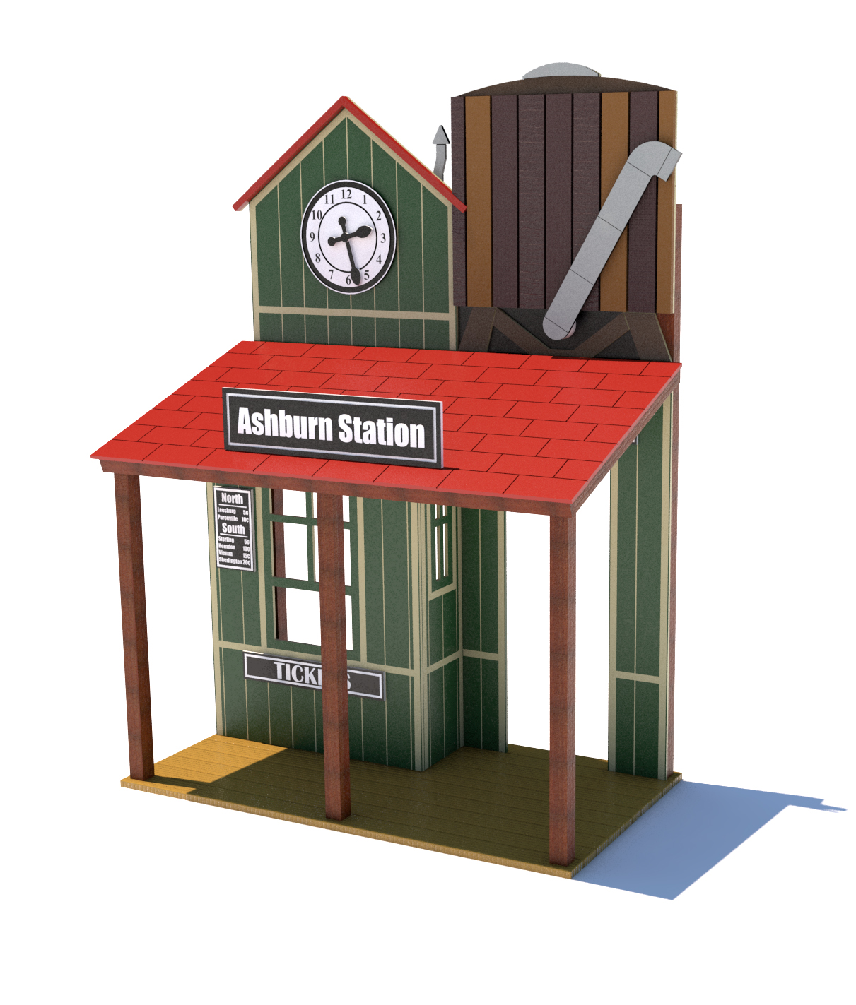 train station facade church – A colorful commercial train station facade playhouse for church playgrounds, featuring a clock, water tower, and 'Ashburn Station' sign.