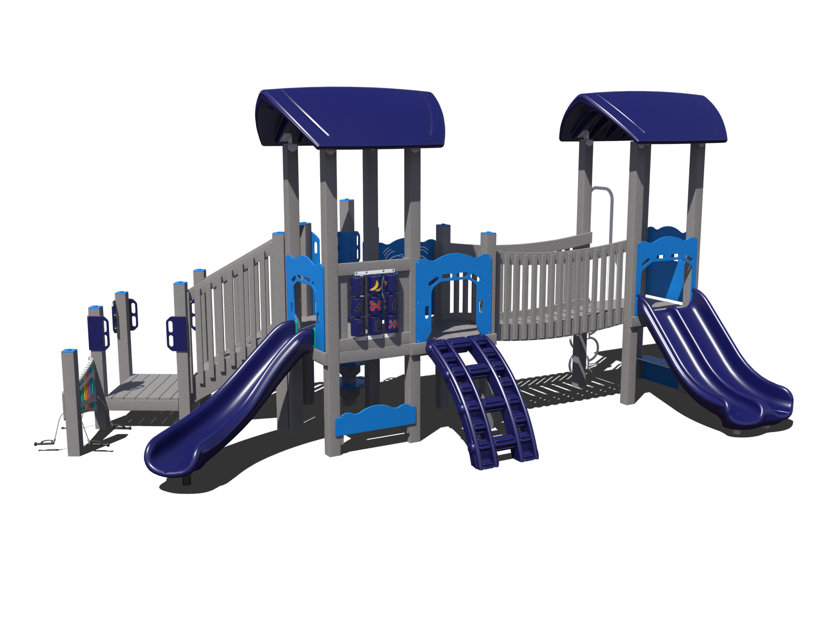 Whimsy Woods Playground System Commercial in blue and grey, featuring slides and climbing structures for children aged 2-12.