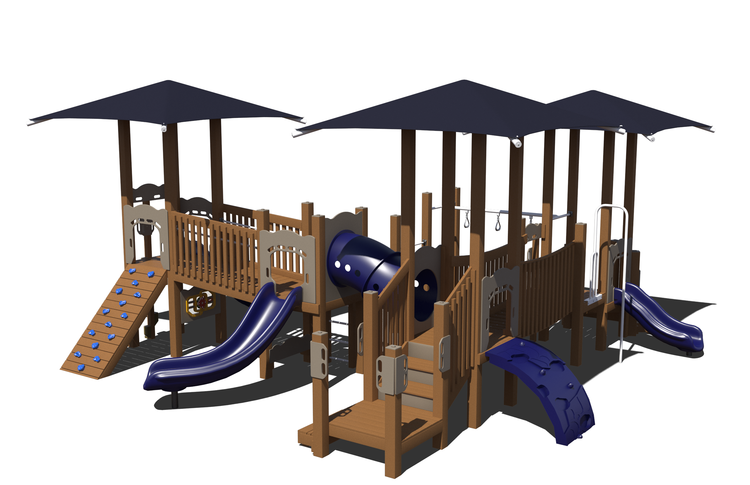 A colorful DreamScape Playground System with multiple slides, climbing areas, and crawl tubes for children aged 5-12.