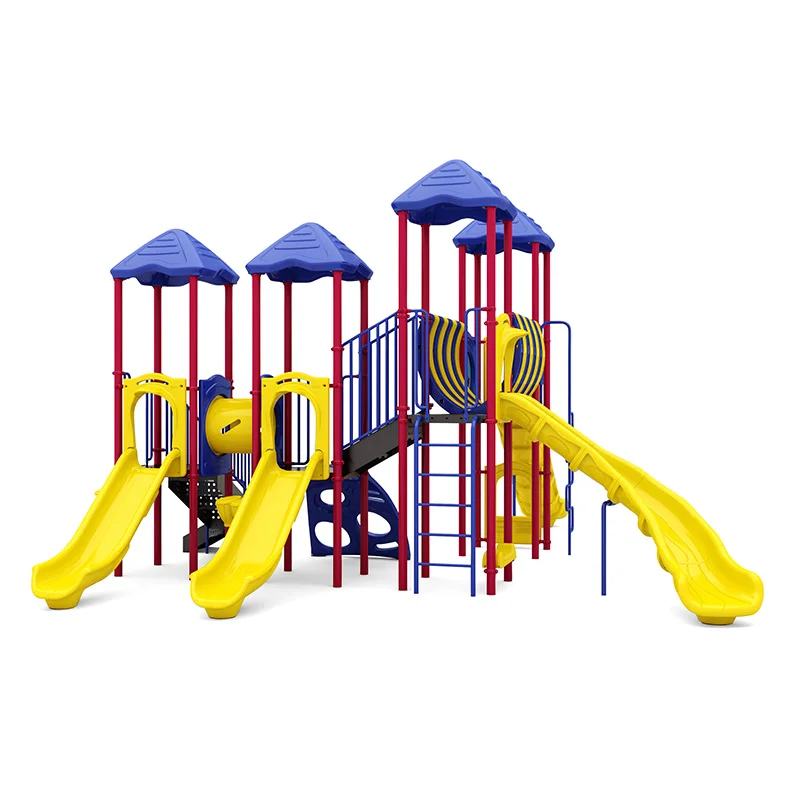 Kids playing on a vibrant arch glider commercial playground structure with slides and climbers.
