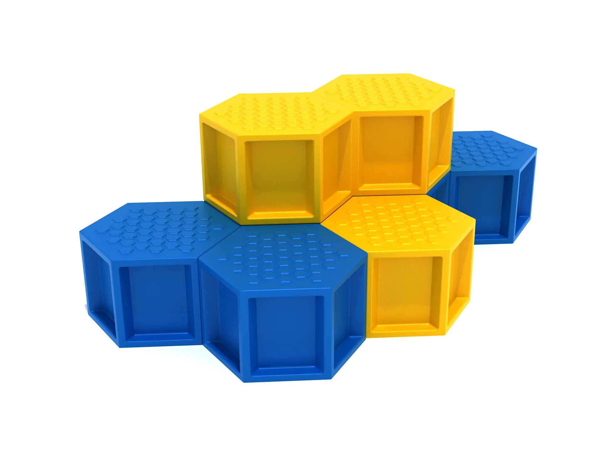 A vibrant basic hive playground climber climbing structure with honeycomb platforms for children.