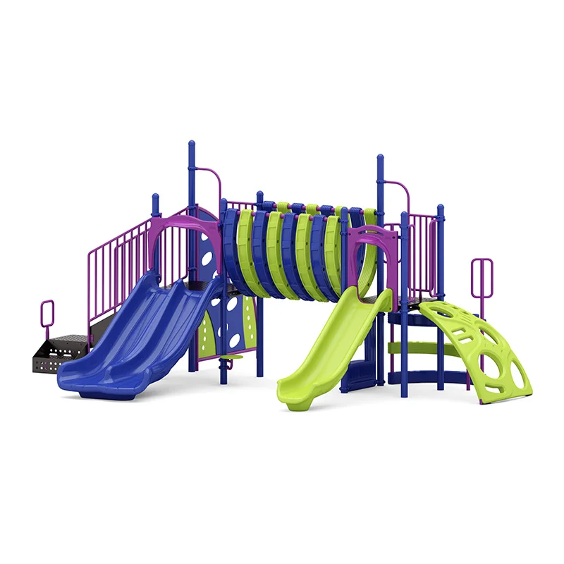 Blue Water Cover Commercial playground structure with slides and climbers.