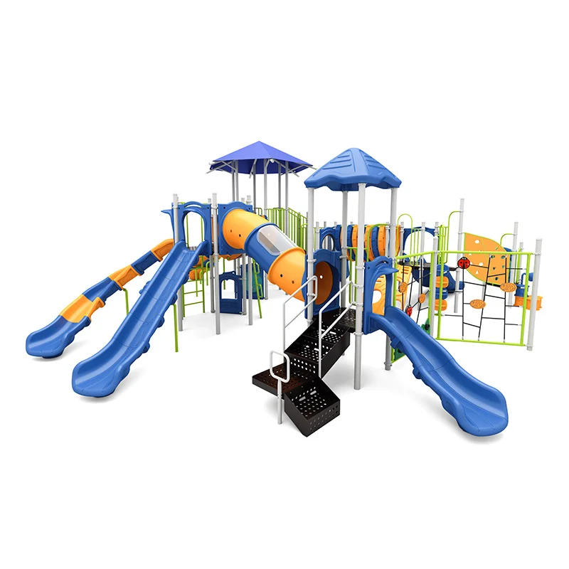 Bones Brige Rapids Commercial playground structure with multiple slides and climbers for children.