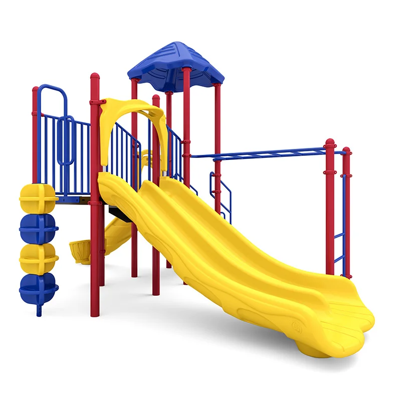 A vibrant Breezy Duo commercial playground structure with two slides, climbers, and a rain wheel, designed for children aged 2-5.