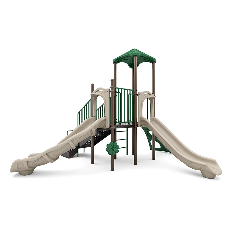 Colorful Breezy Peak commercial playground structure with slides and climbers for young children.