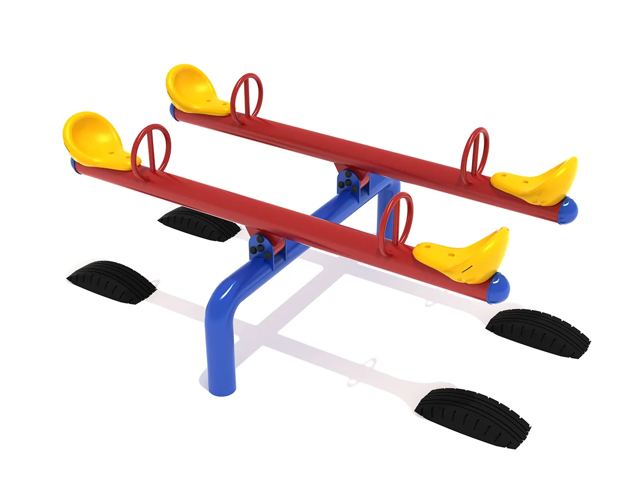 Children laughing and playing on a bright red and yellow classic playground seesaw balance in a park.