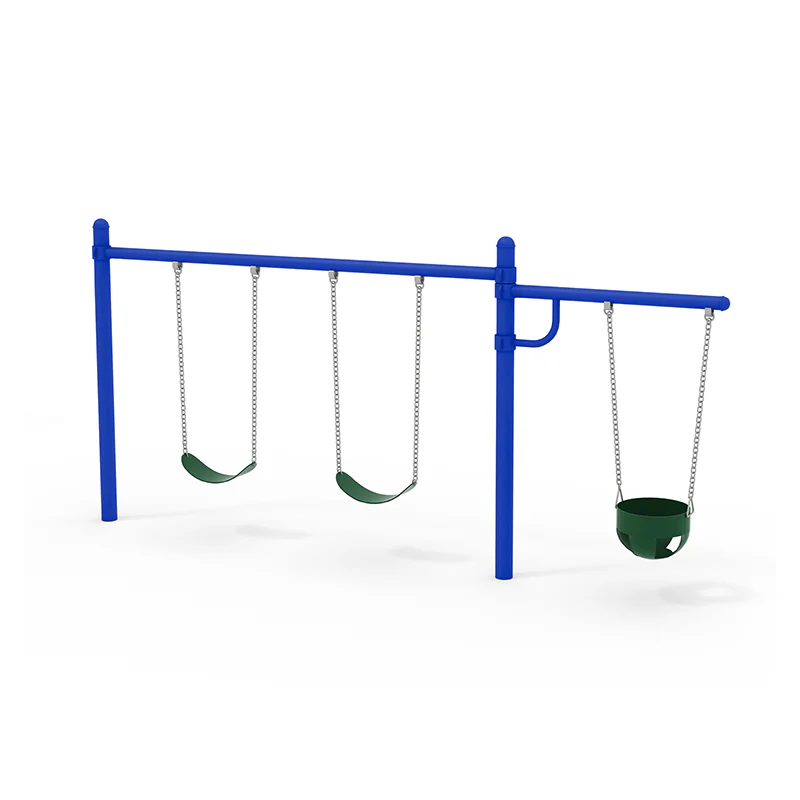 A vibrant commercial metal swingset cantilever with multiple swings for different age groups.