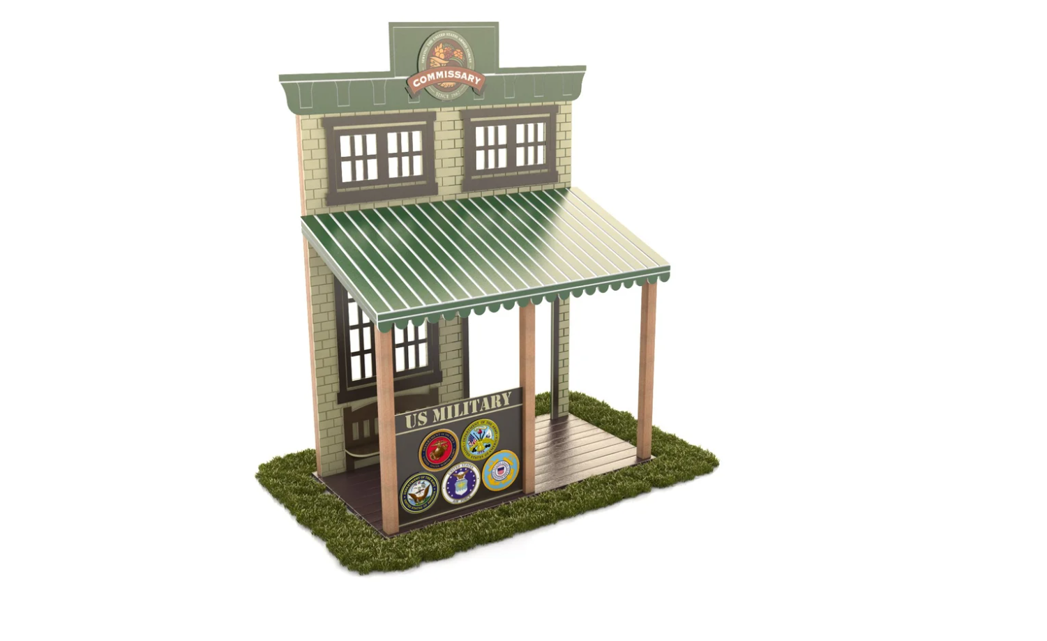 A vibrant Commissary Facade commercial kids playhouse with large windows and a shaded porch, encouraging imaginative play.