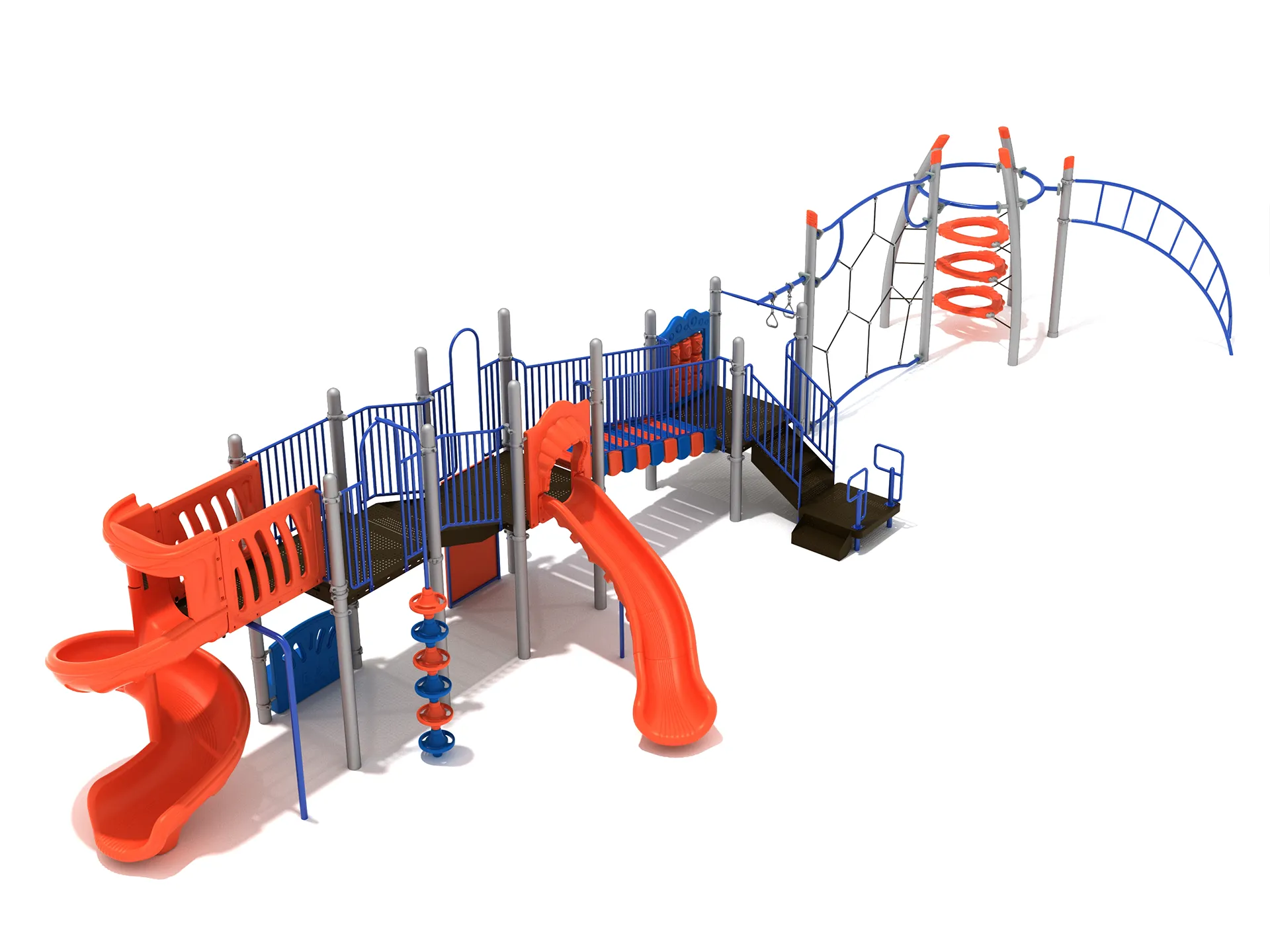 A vibrant Conyers Farm commercial playground system with slides, climbers, and musical panels.