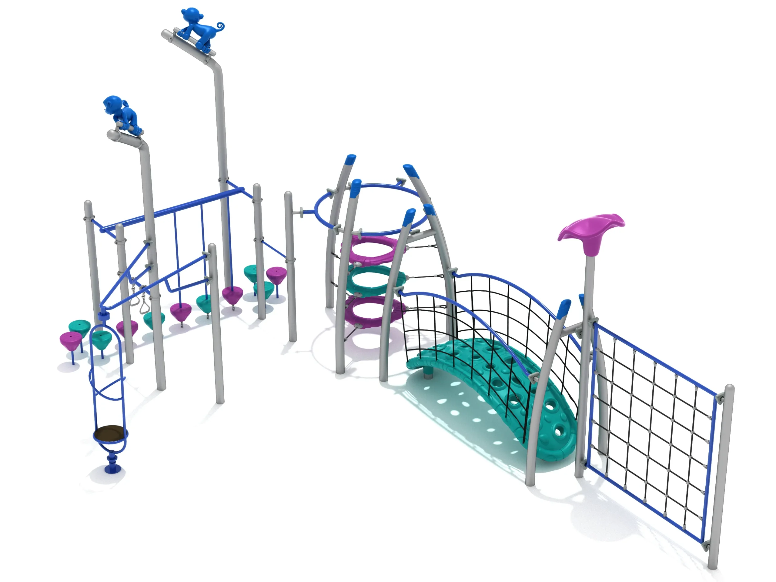 Kids enjoying the Dellview Obstacle Course Playground Adventure, featuring climbing nets, bridges, and spinners.