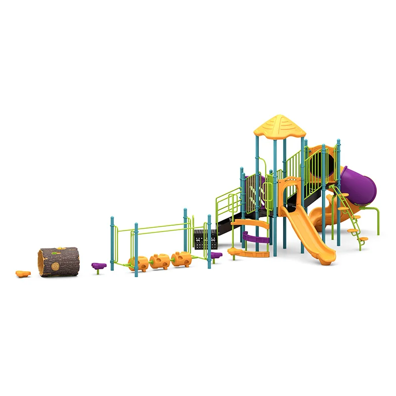 East Bank Racer commercial playground structure with slides, tunnels, and climbing features.