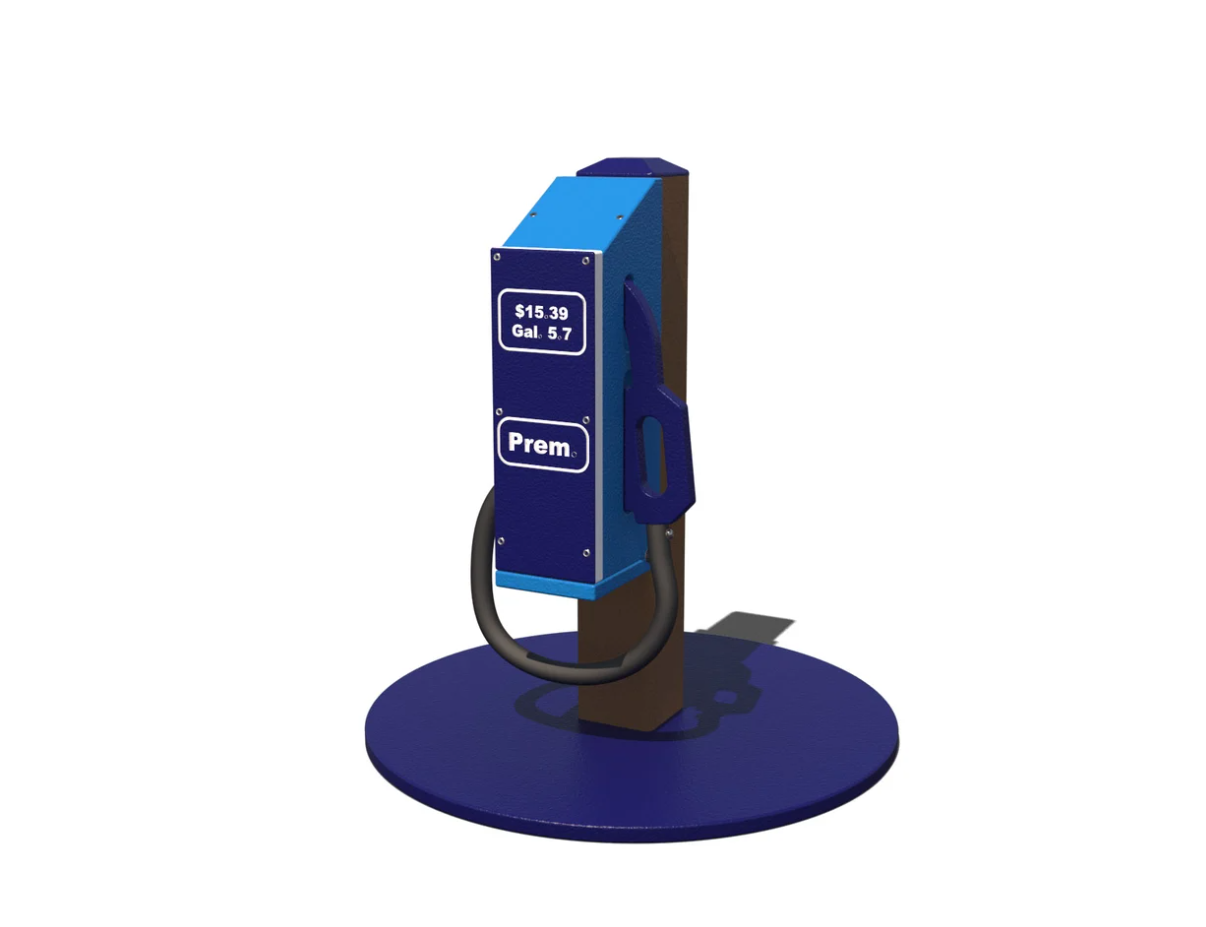 A bright red freestanding gas pump playground equipment for kids to enjoy imaginative play.