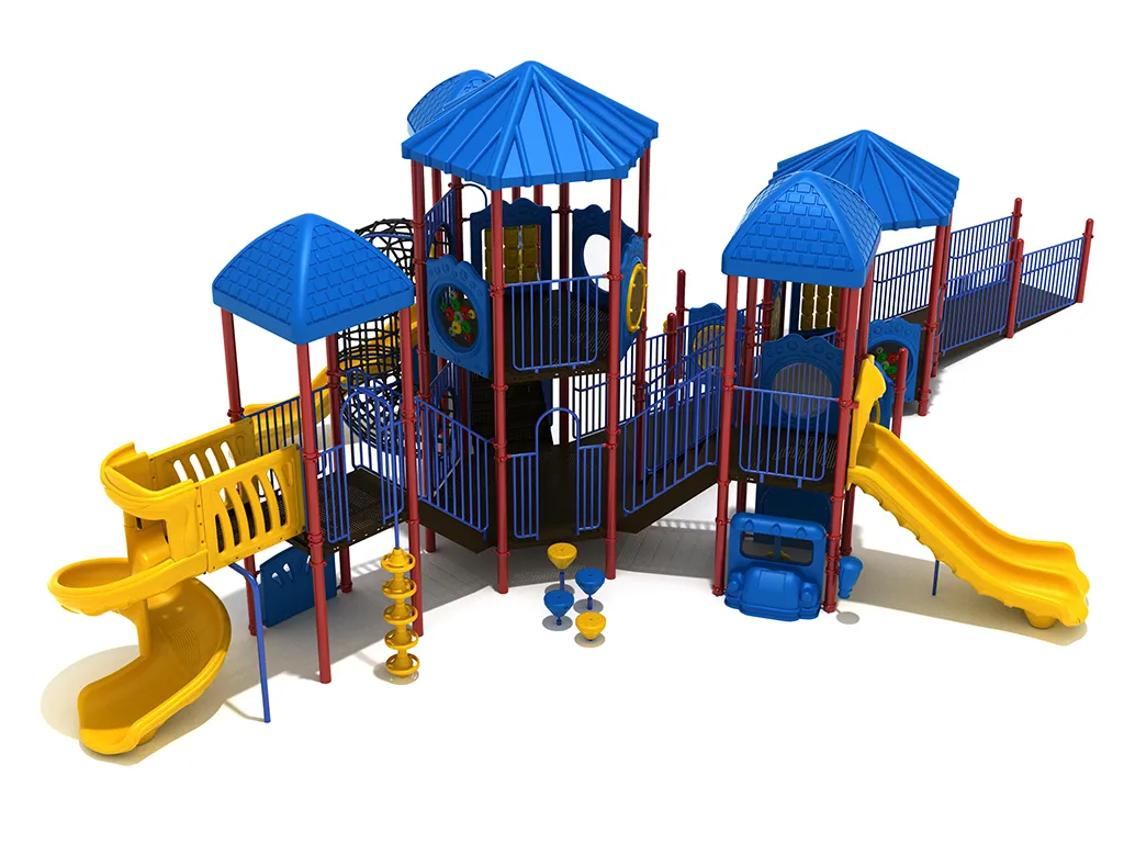 Glacier Bay commercial playground apartment system with slides, climbers, and interactive panels.