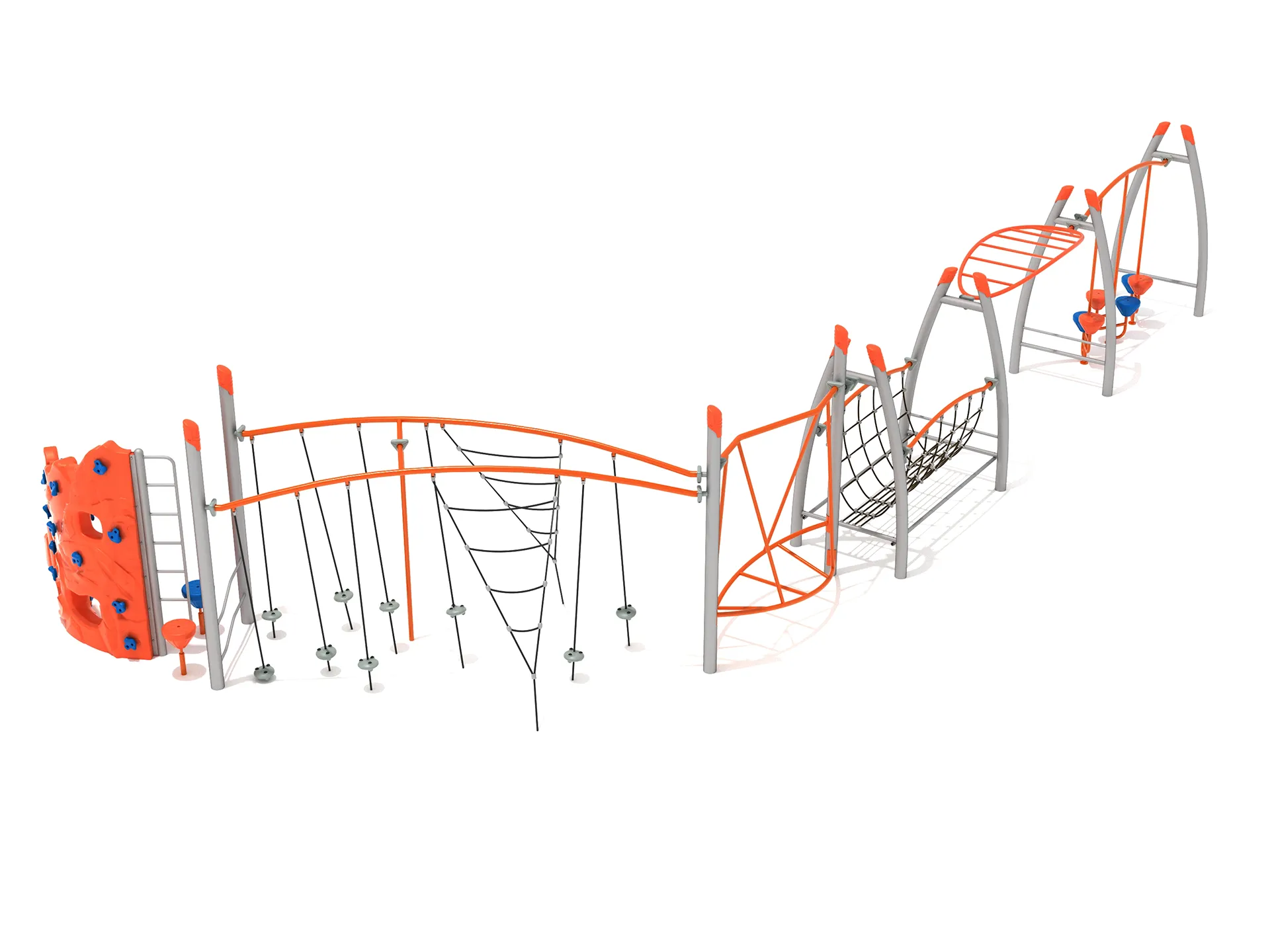 Children playing on the vibrant Glasslight Sound Obstacle Course Playground System with climbing nets and balance features.