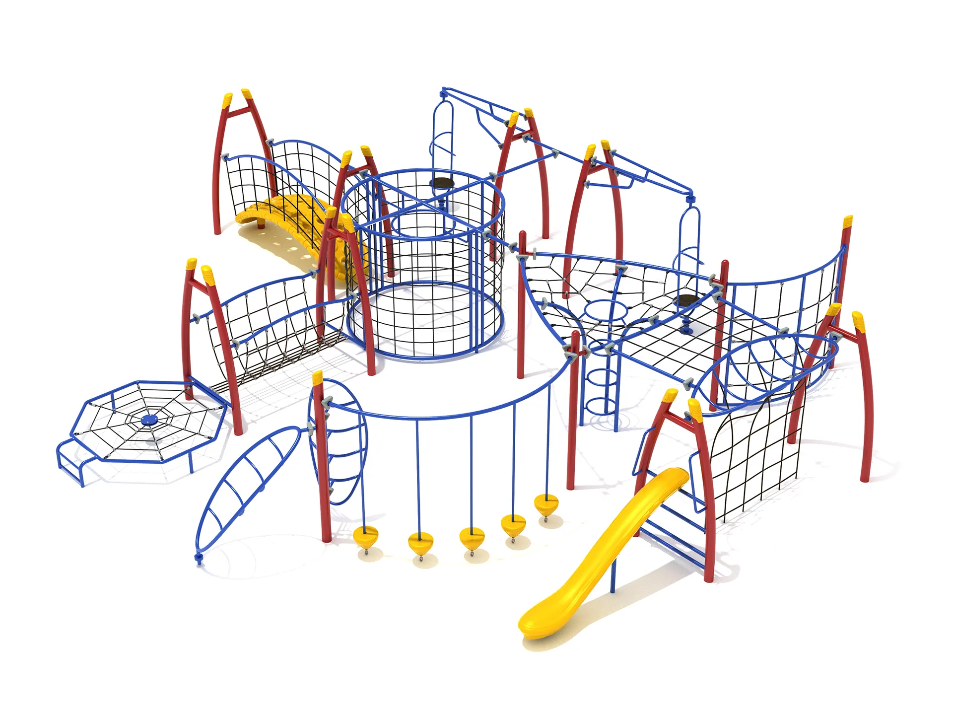 Greenhorn obstacle course playground adventure system with various climbing and spinning elements for children.