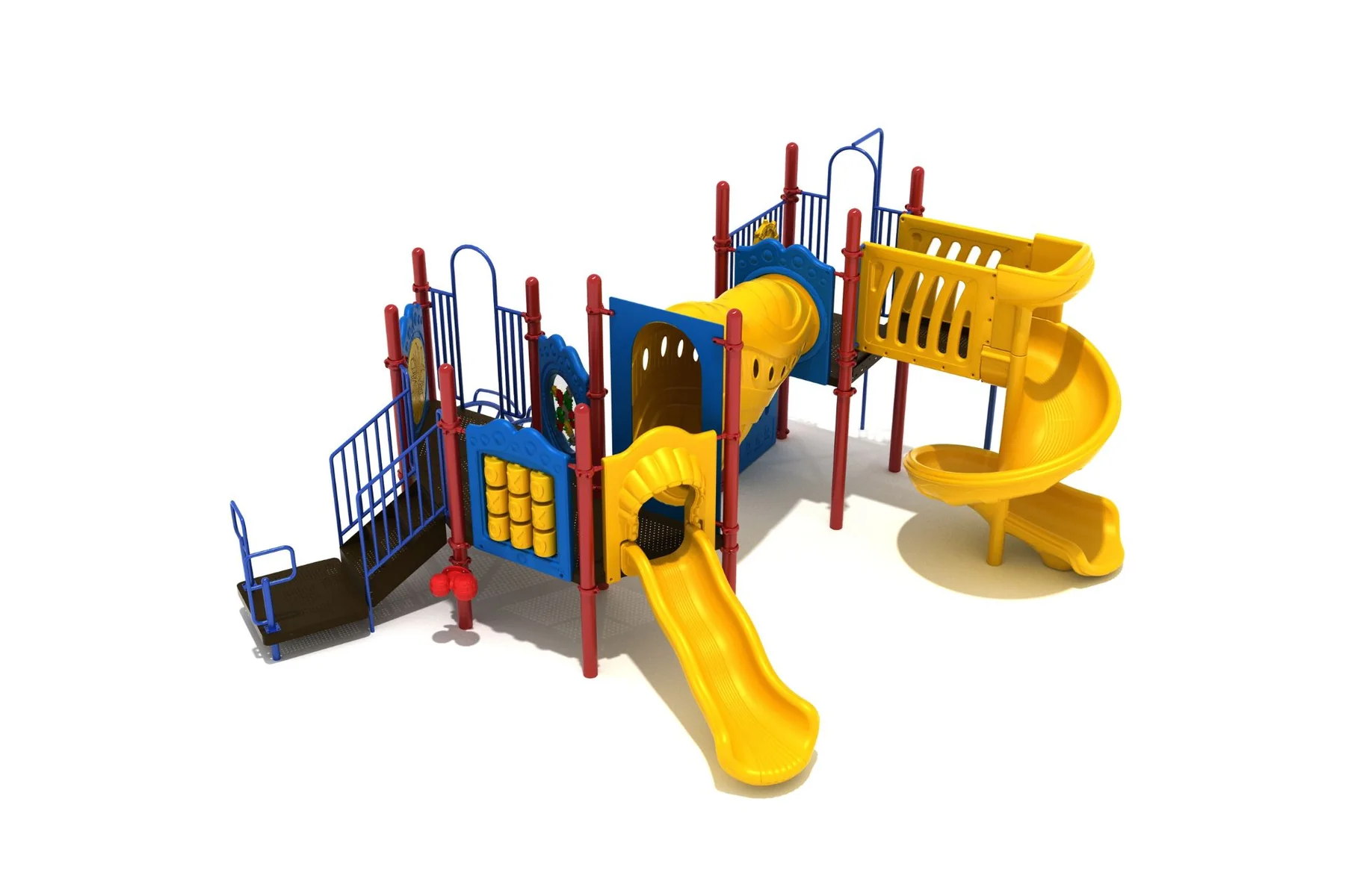 Kids playing on the colorful hardscrabble commercial playground system with slides and climbing features.