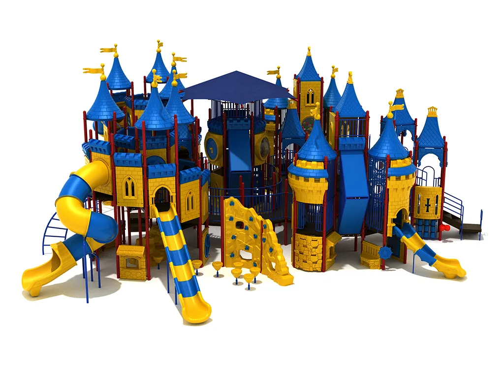 A large, castle-themed hidden hallows commercial playground system with multiple slides, climbing features, and integrated shade.