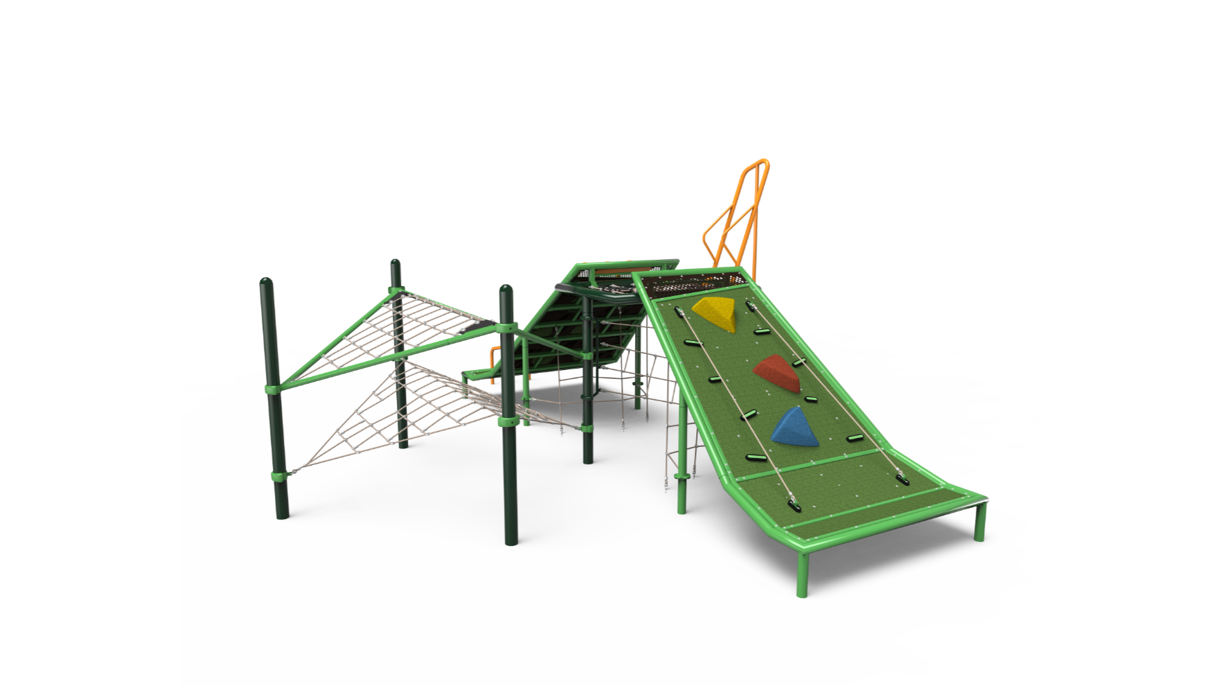 A vibrant outdoor playground structure, the hill-2505, with slides, climbing walls, and platforms, set in a bright, open area.