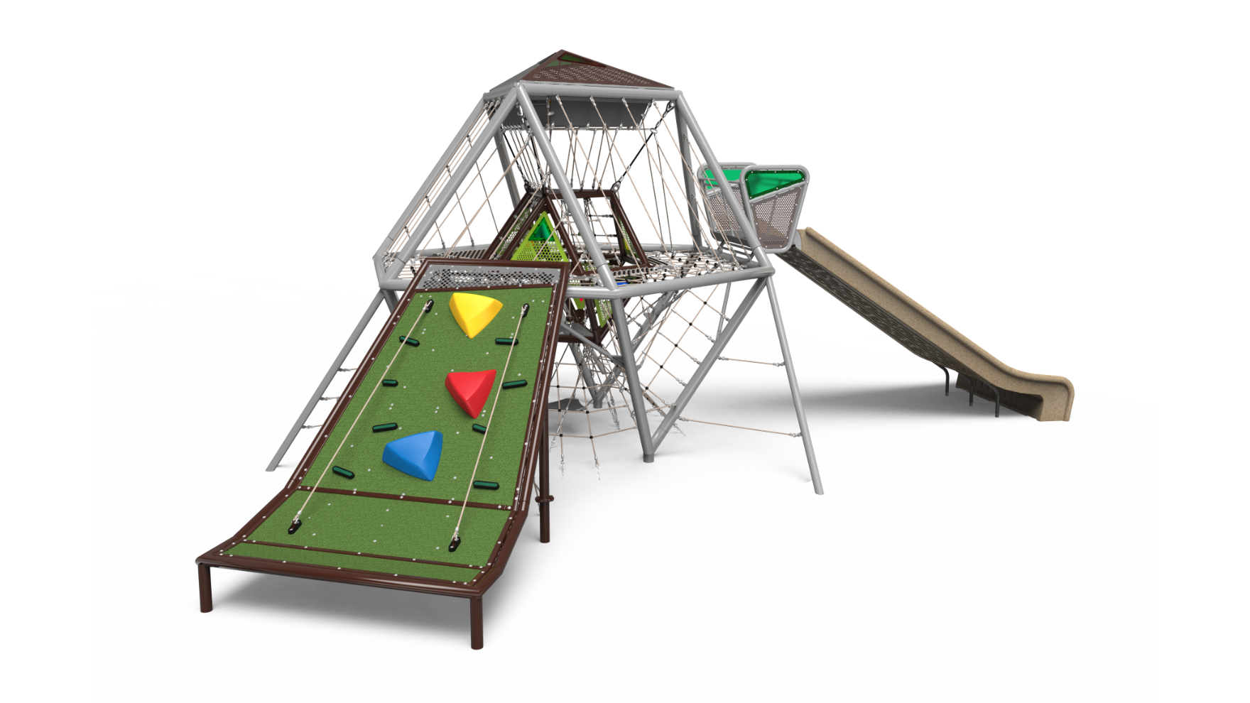 A vibrant HILL-2530 school-age playground set for children, featuring slides and climbing structures.