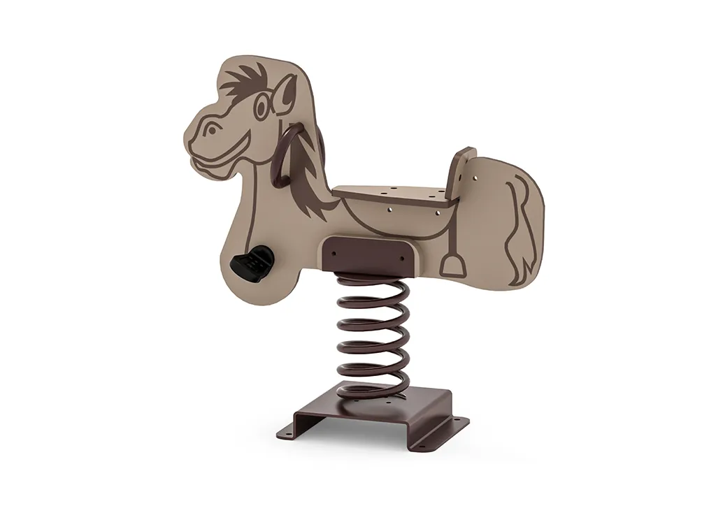A friendly brown horse spring rider playground balance toy for children, set in an outdoor play area.