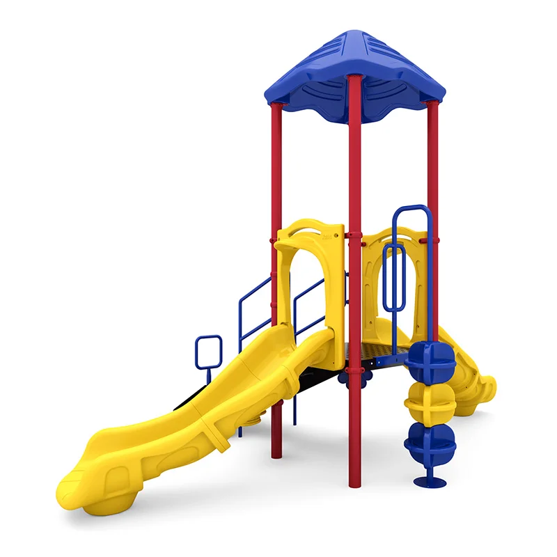 Children playing on a colorful Leaf Escape commercial playground structure with slides and climbers.