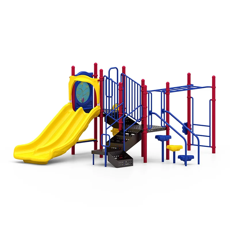 A colorful Lil Bugger commercial playground structure with slides and climbers for kids.
