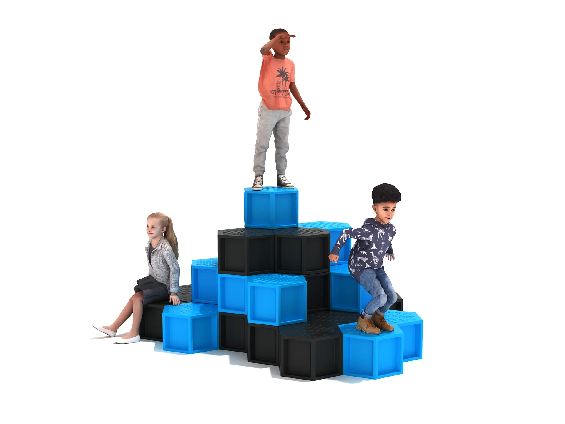 Mountaintop Hive Playground Climber Climbing structure with children playing on its hexagonal, mountain-like design.