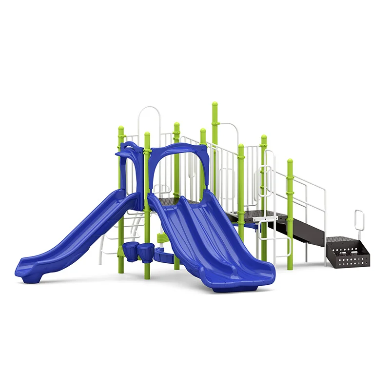 A colorful Myoli Falls commercial playground structure with slides, climbers, and bongo drums, designed for young children.