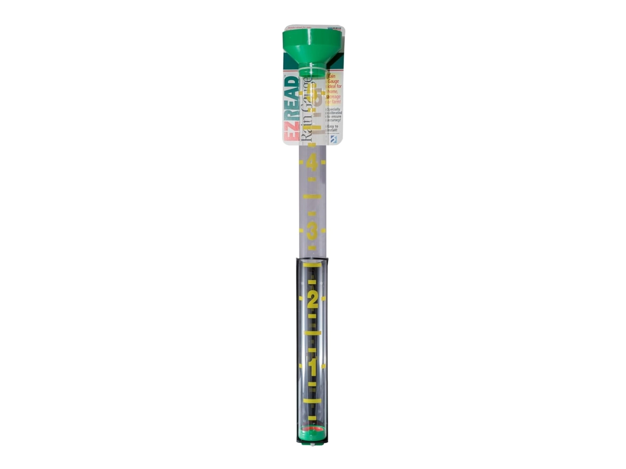 A vibrant yellow and blue commercial rain gauge for educational use in a classroom or playground setting.